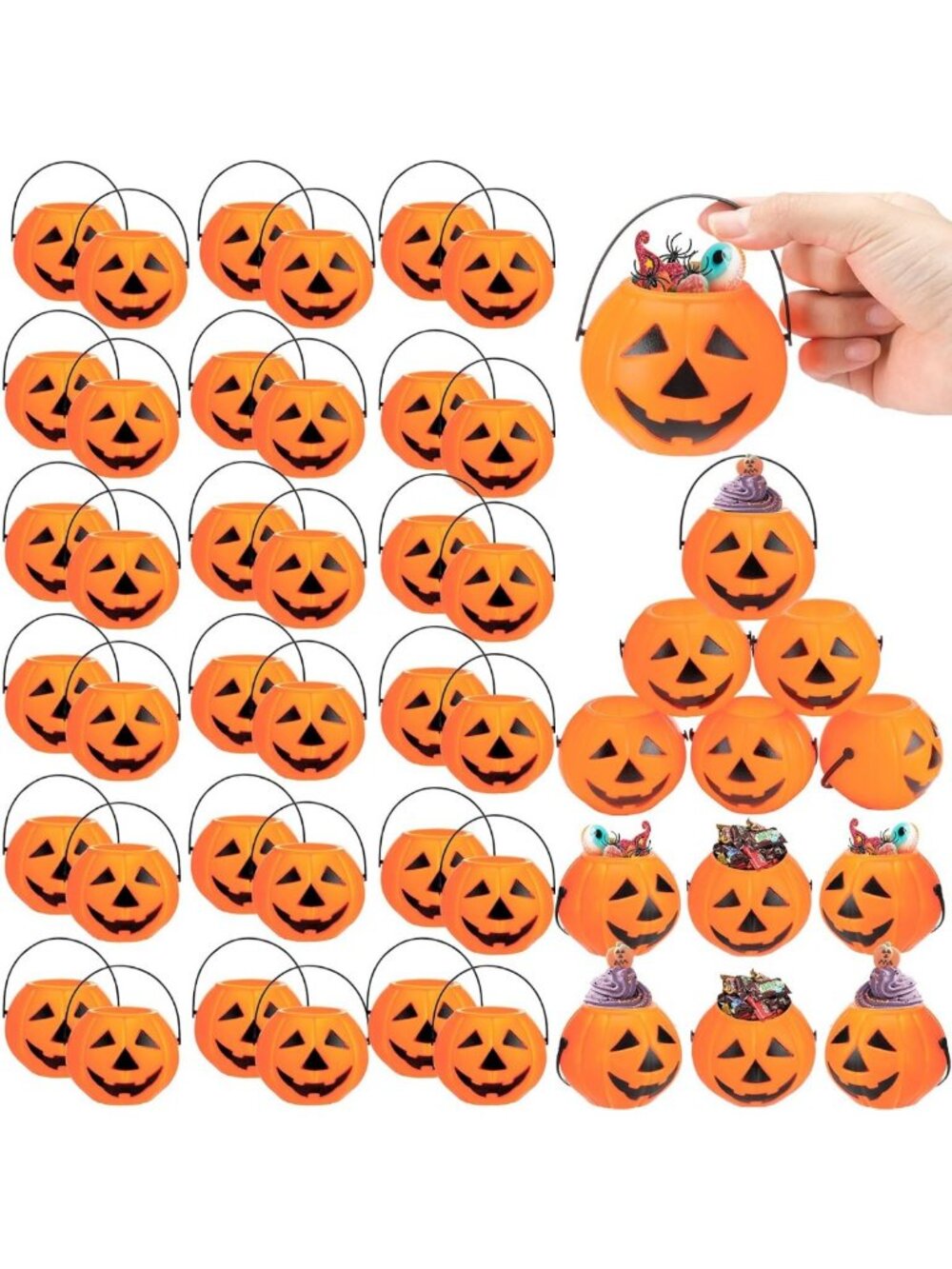 50 Pcs Mini Halloween Pumpkin Buckets - Orange Plastic Party Decor & Treats